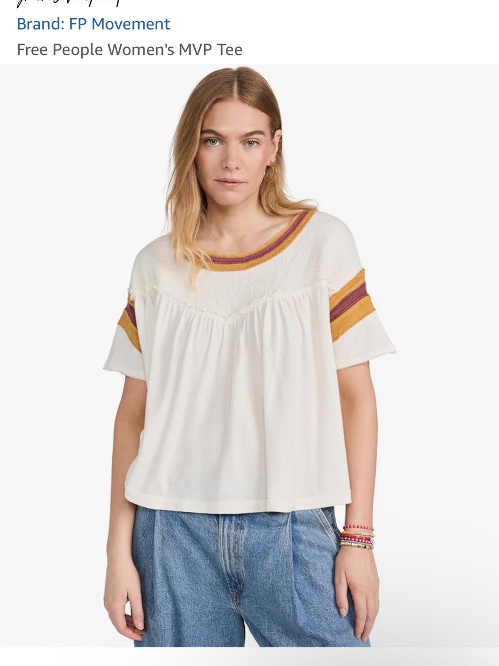 We The Free cream short-sleeve crop tee with mustard & rust trim